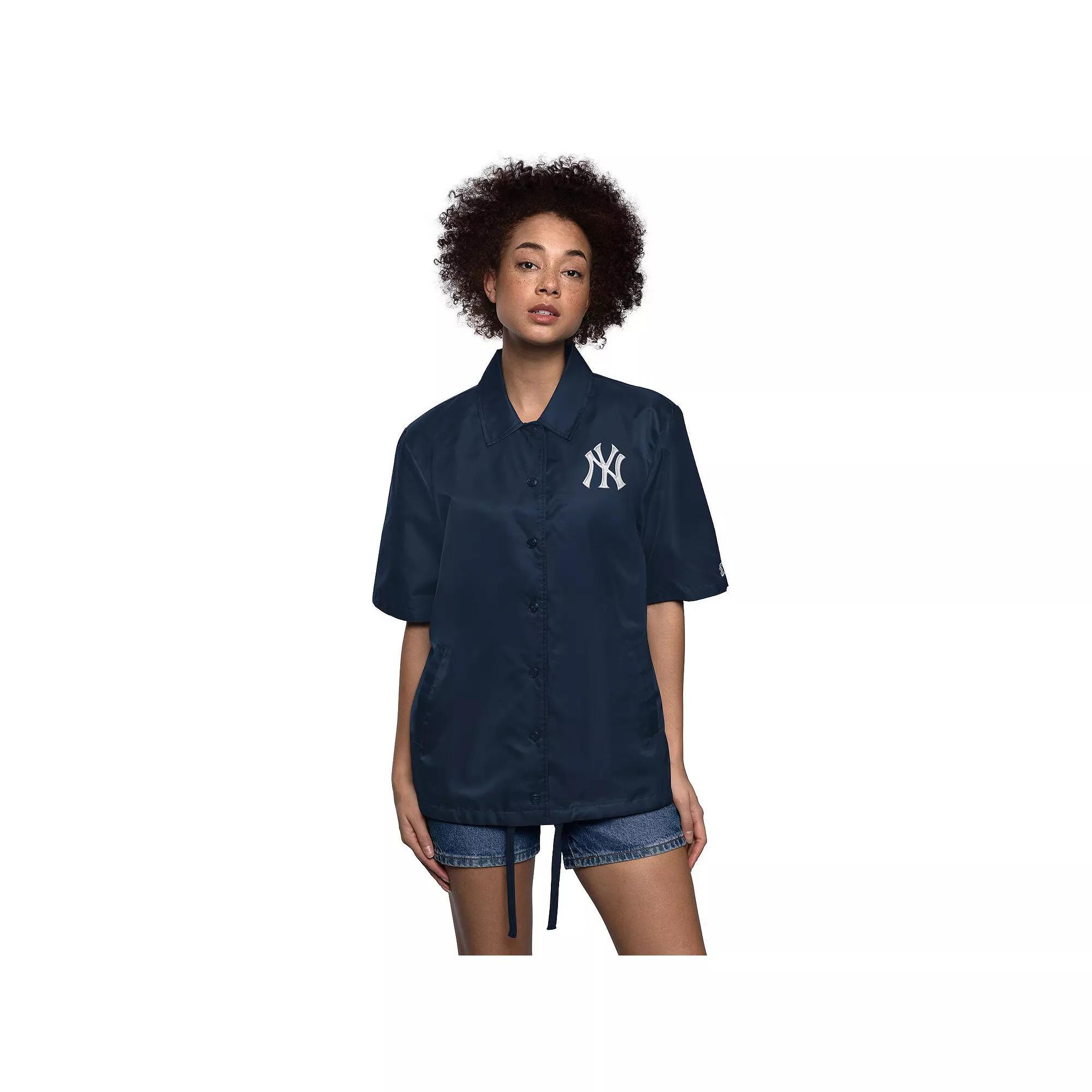 Women's Starter Navy New York Yankees High Post Short Sleeve Full-Snap Coaches Jacket,  Product Image