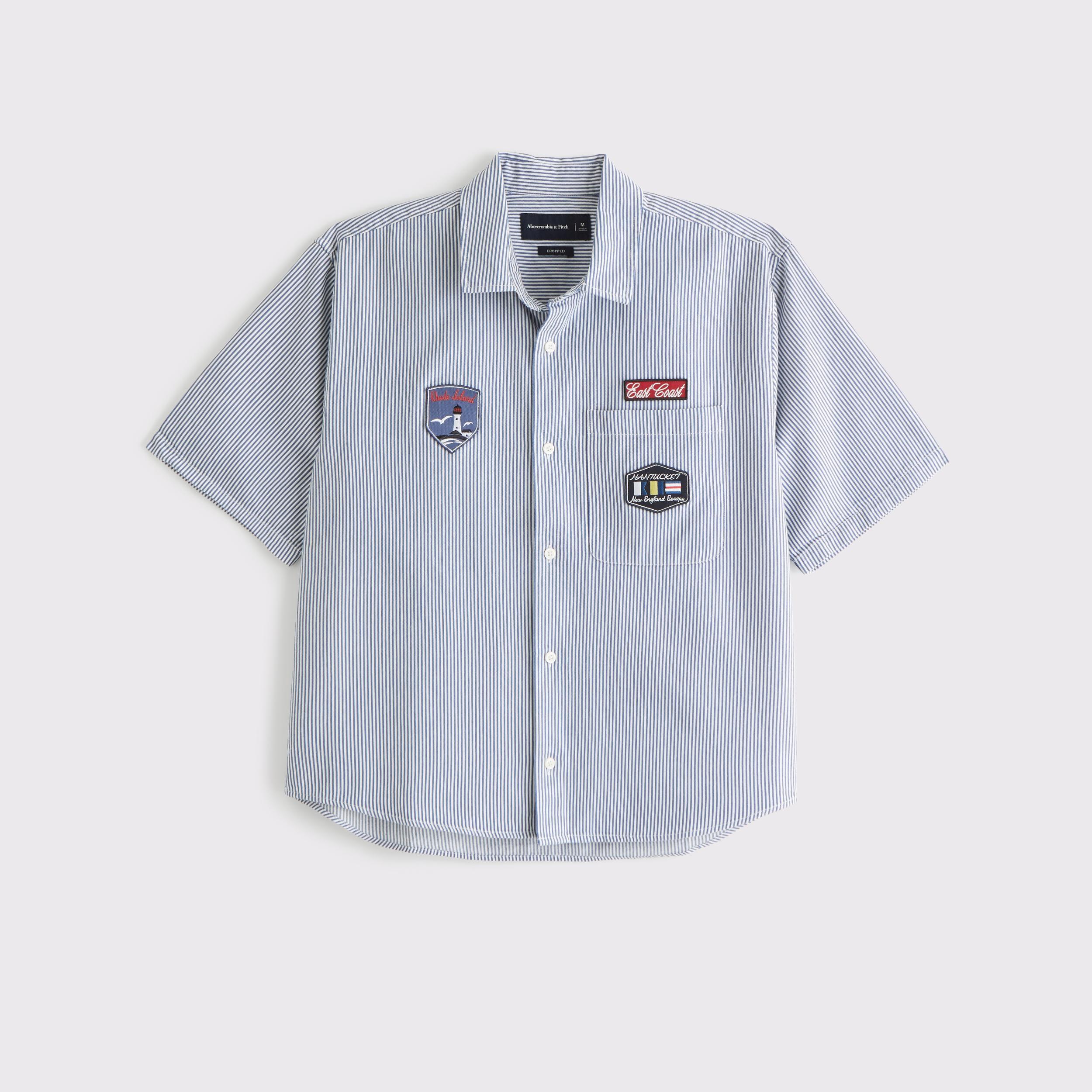 Short-Sleeve Cropped Graphic Workwear Button-Up Shirt Product Image