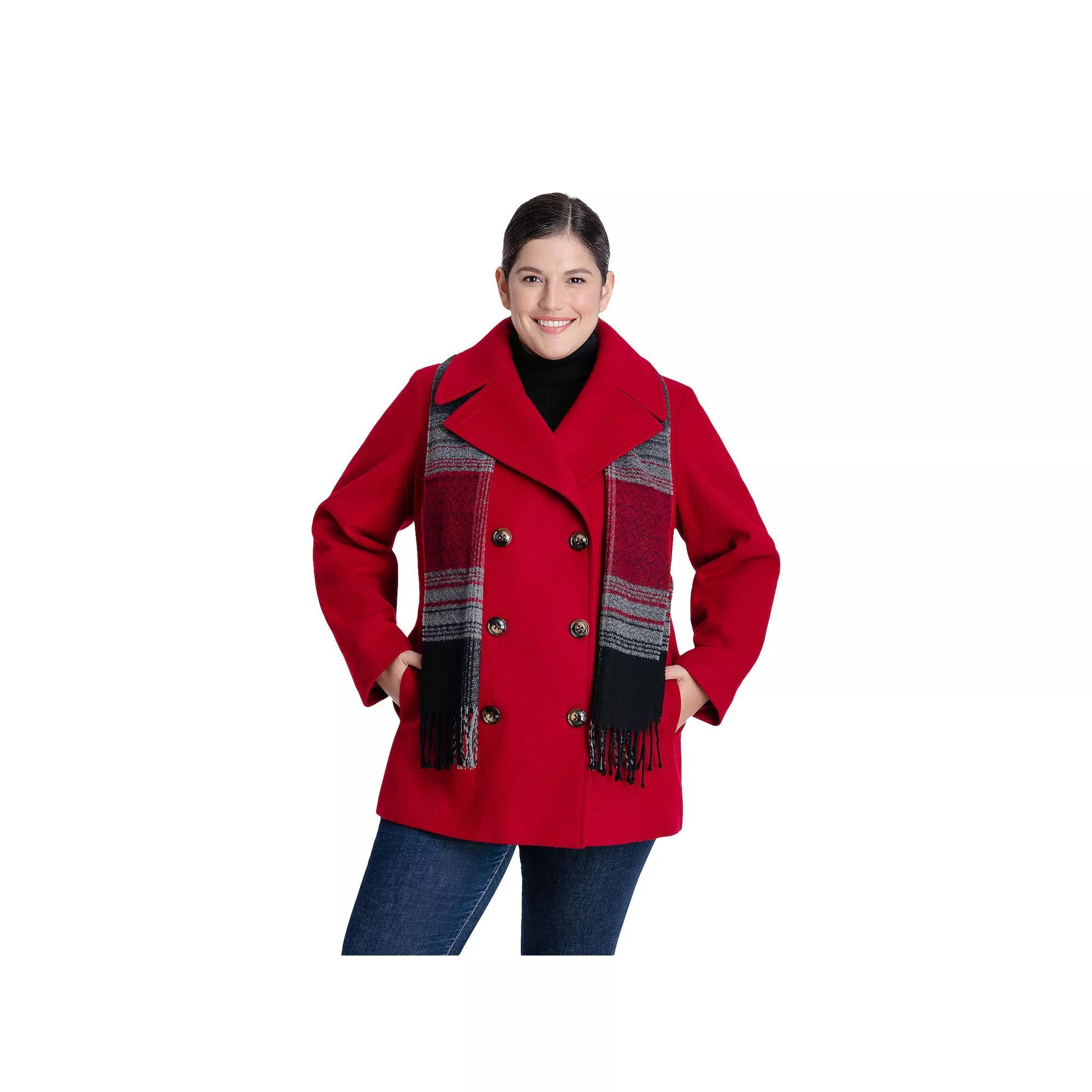 Plus Size TOWER by London Fog Scarf & Wool-Blend Peacoat, Women's, Size: 3XL, Red Product Image