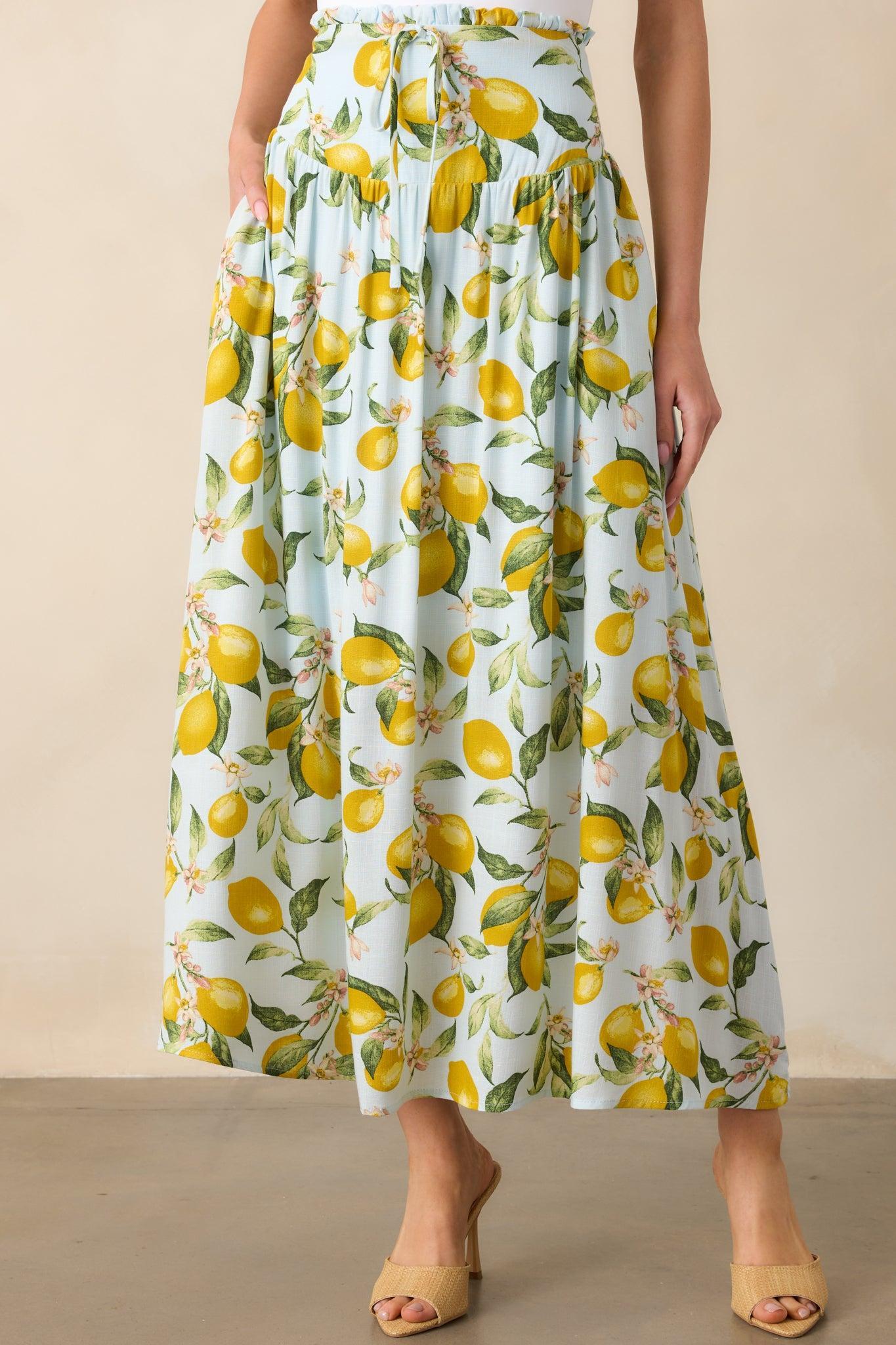 In My Flow Light Blue Lemon Print Drop Waist Maxi Skirt Product Image