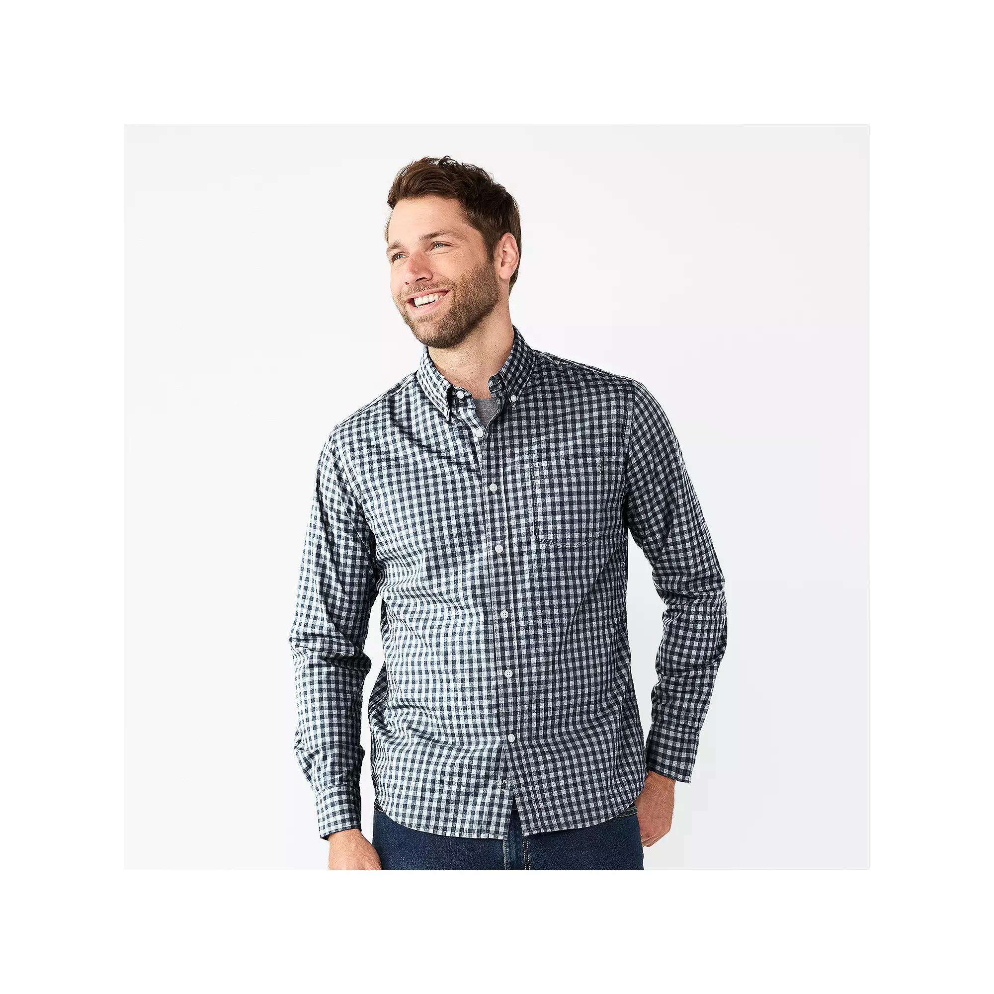 Men's Sonoma Goods For Life® Long Sleeve Perfect Length Button-Down Shirt, Size: XL, Blue Gingham Product Image