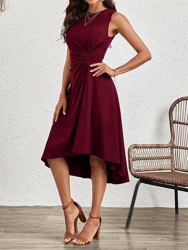 A-Line High Waisted Asymmetric Pleated Solid Color Split-Joint Round-Neck Midi Dresses Product Image