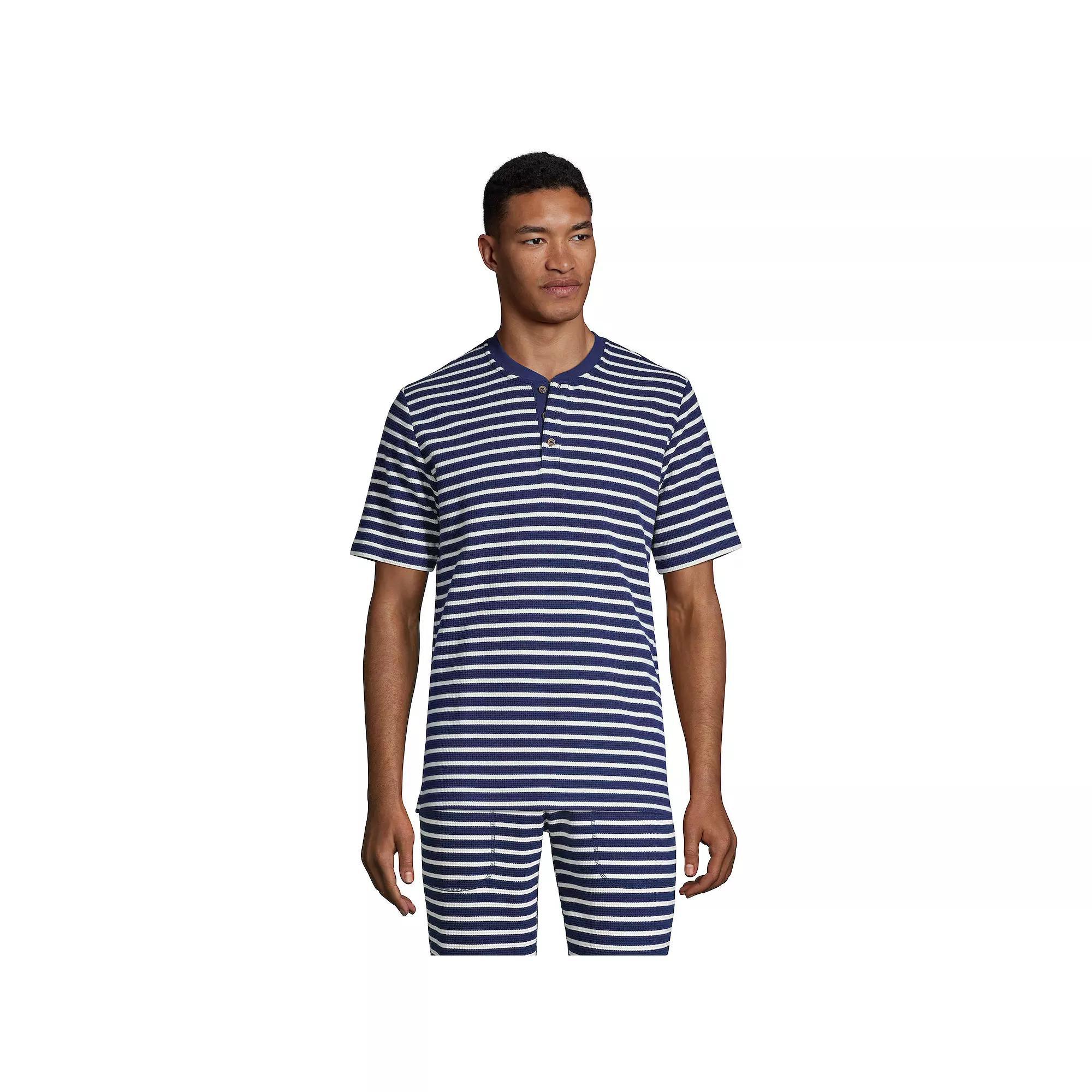 Men's Lands' End Waffle Pajama Sleep Henley, Size: Large, Navy Ivory Stripe Product Image