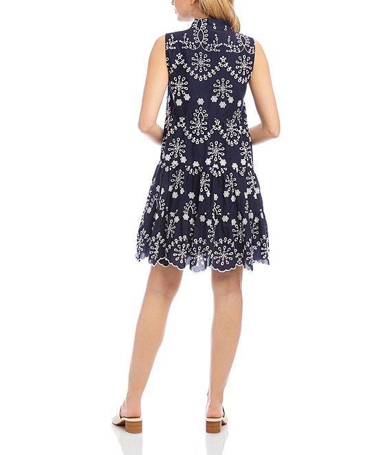Karen Kane Sleeveless Eyelet Split Neckline Scalloped Hemline A-Line Dress Product Image