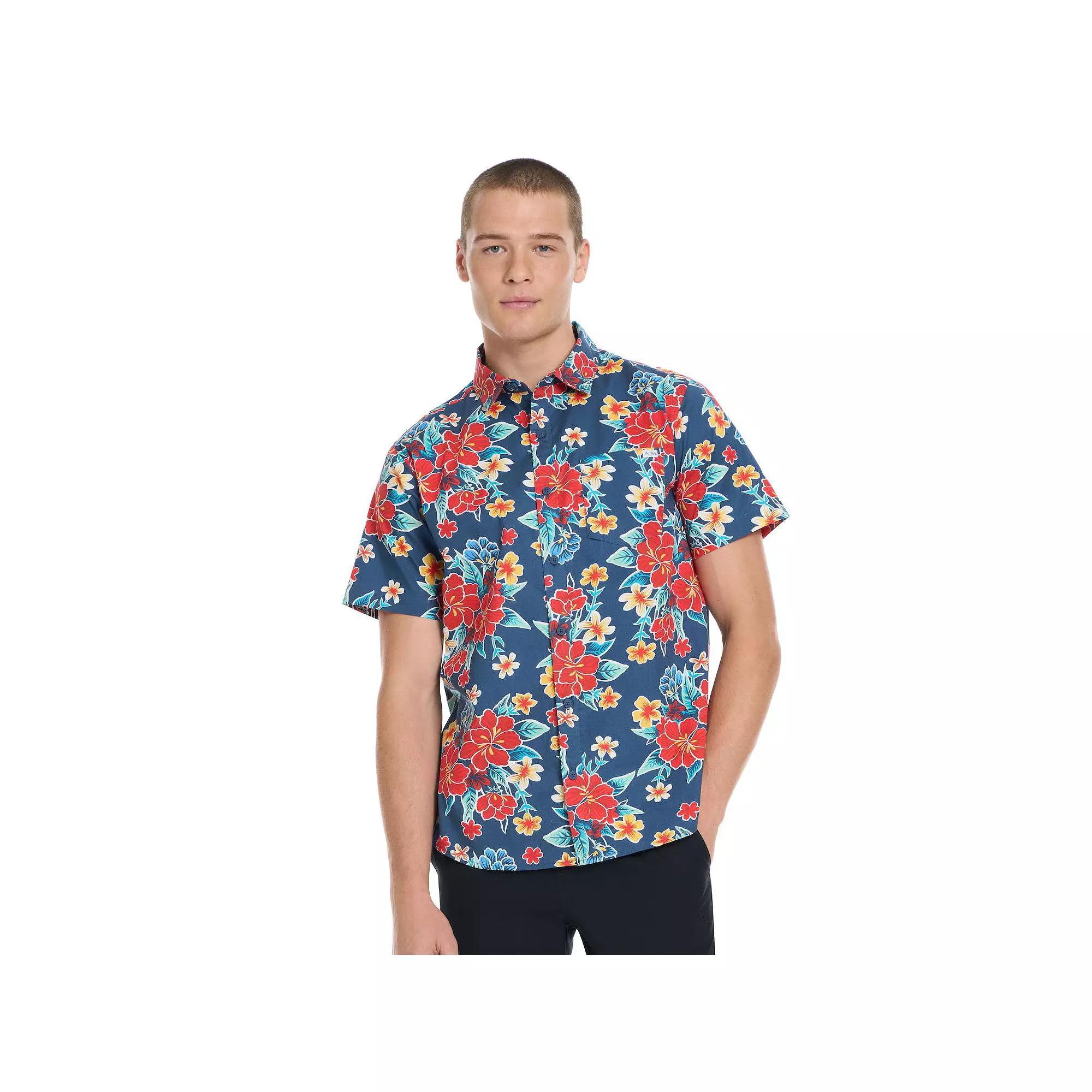 Men's Hurley Tropical Print Short Sleeve Button-Up Shirt, Size: XS, Submarine Floral Product Image