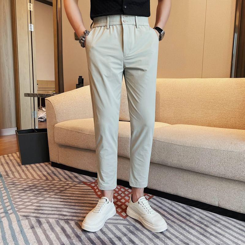 Elastic Waist Plain Cropped Straight Leg Pants Product Image
