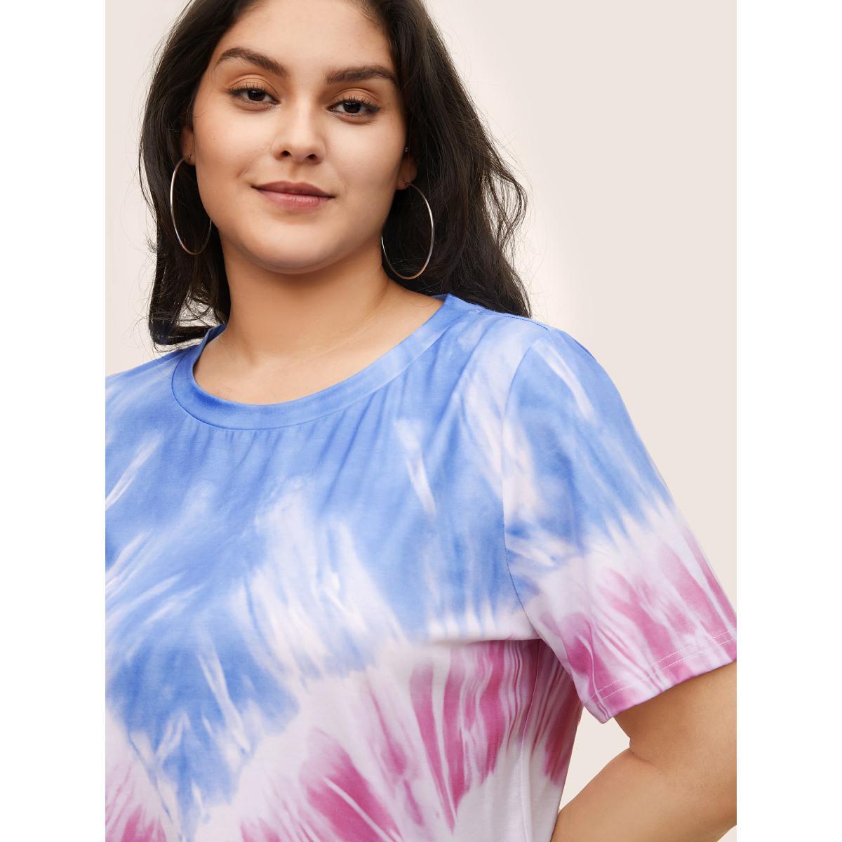 Plus Size Tie Dye Contrast Round Neck T-shirt Multicolor Women Casual Non Tie Dye Round Neck Everyday T-shirts BloomChic 18-20/2X Product Image