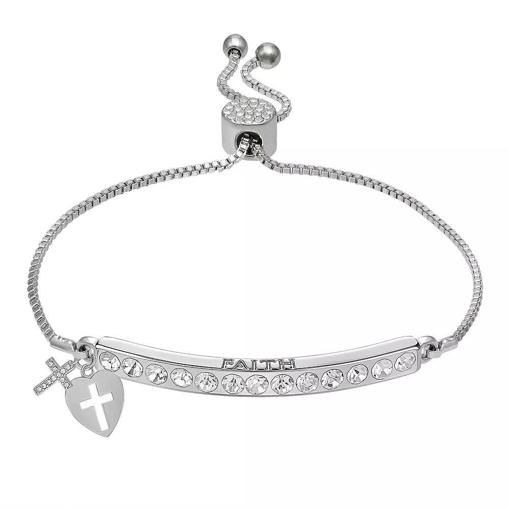 Brilliance Crystal Cross & Heart Charm Adjustable Bar Bracelet, Women's, Size: 7/8", Silver Tone Product Image