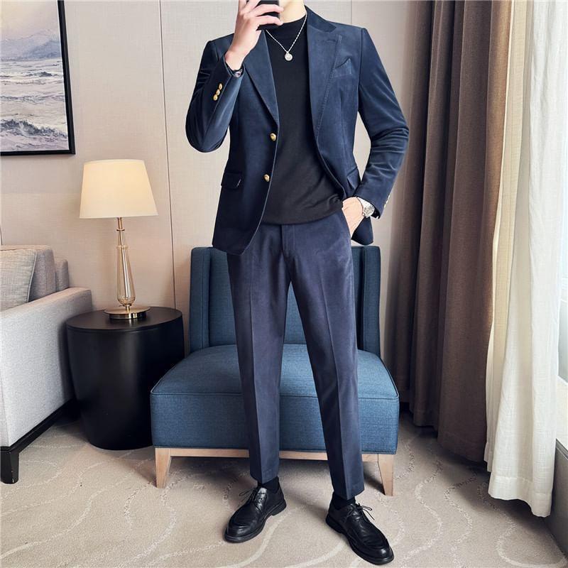 Set: Peak Lapel Plain Double-Breasted Blazer + High Waist Cropped Tapered Pants Product Image