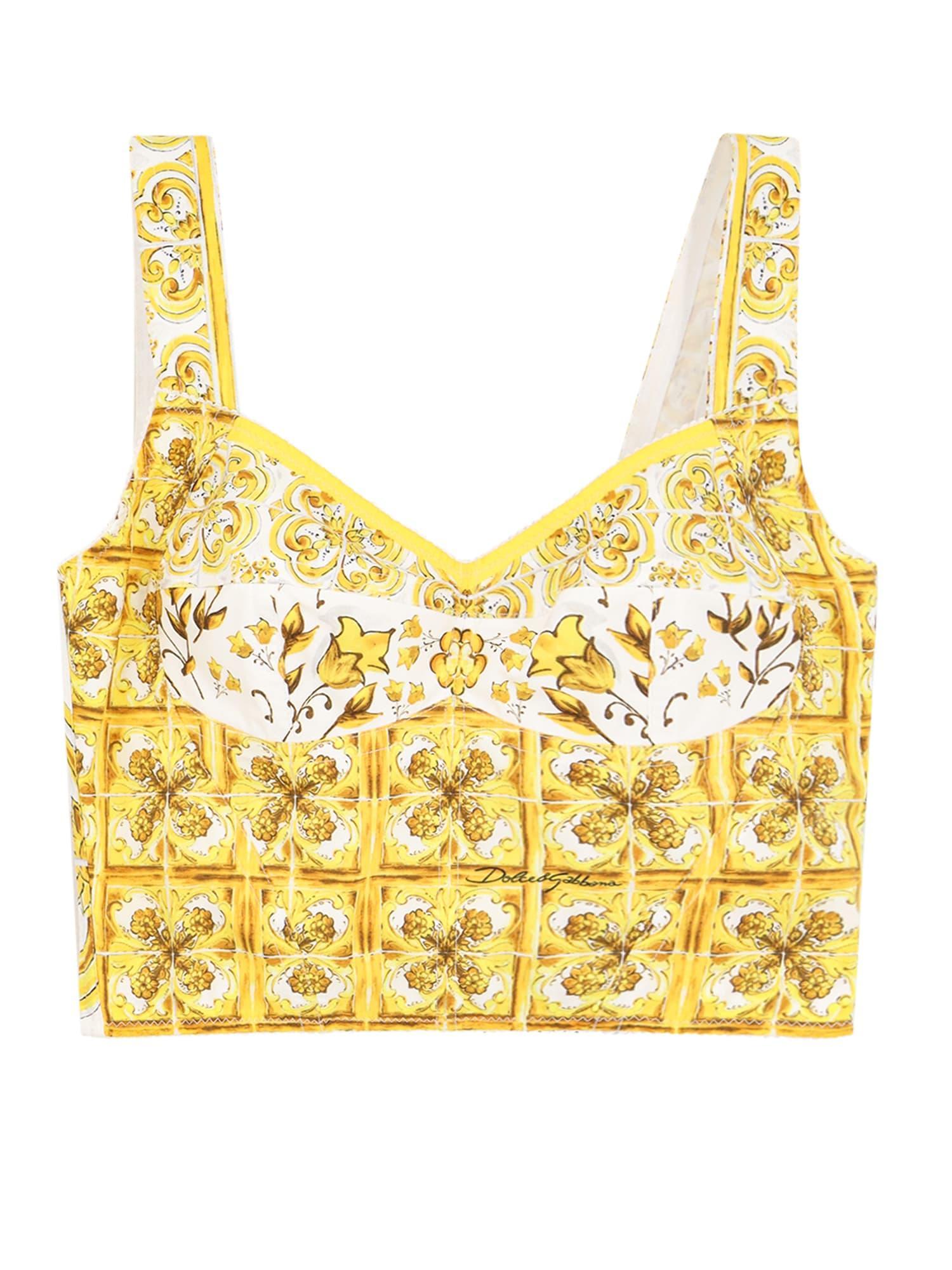 DOLCE & GABBANA Cotton Corset Top With Majolica Print In Giallo Product Image