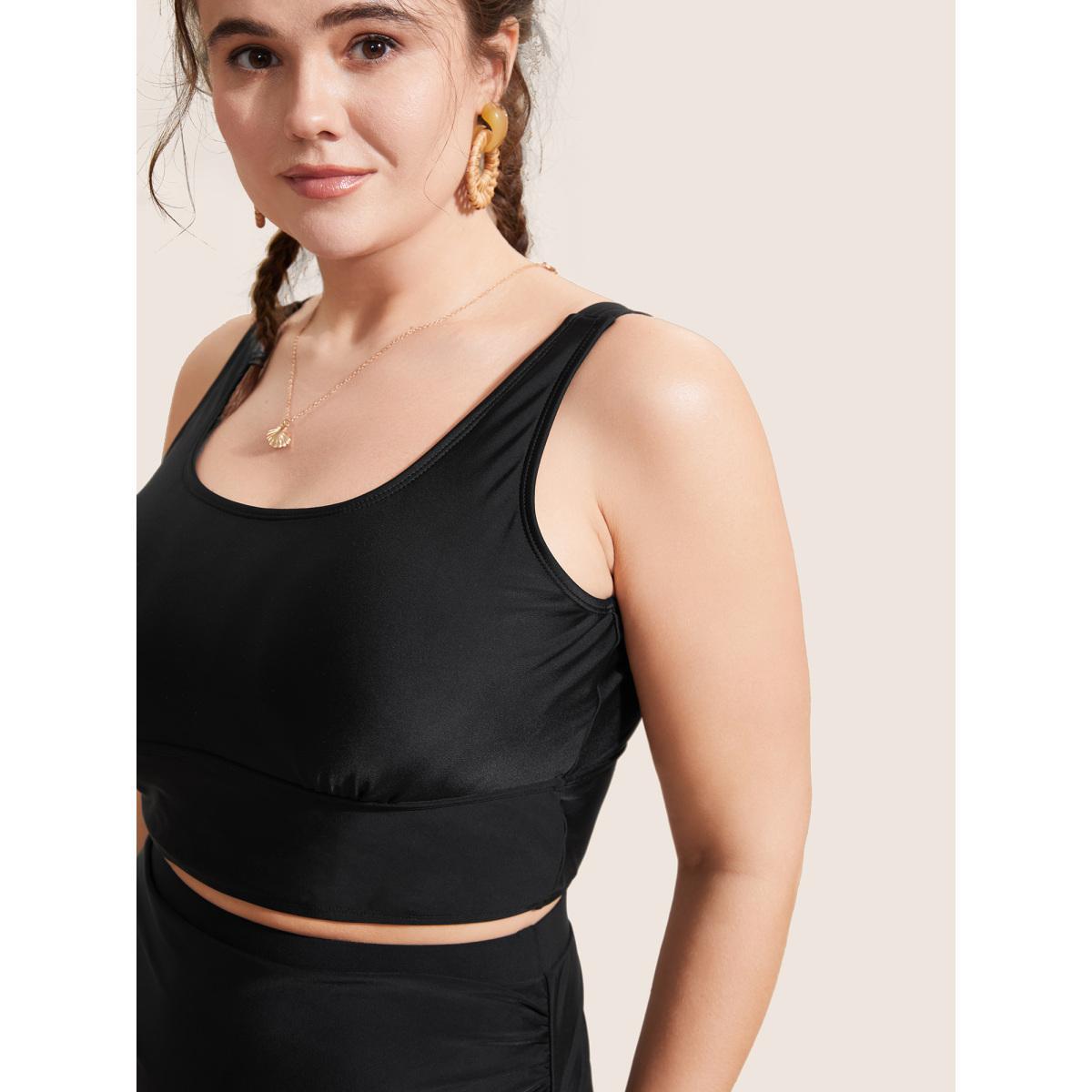 Plus Size Solid Square Neck Adjustable Straps Swim Top Women's Swimwear Black Resort High stretch Skinny U-neck Curve Swim Tops BloomChic 30/6X Product Image