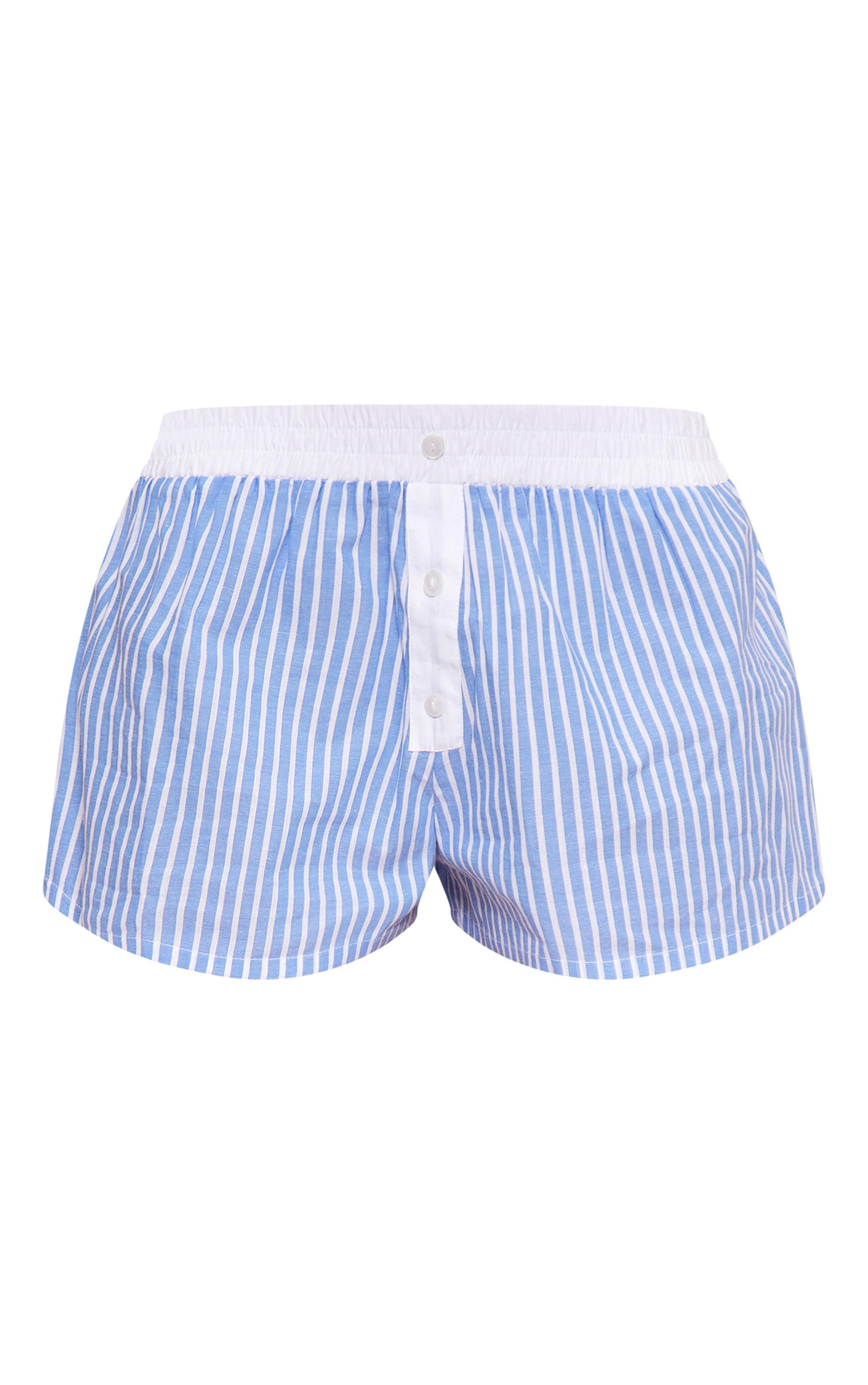 Blue Pinstripe Cotton Poplin Mini Shorts Product Image