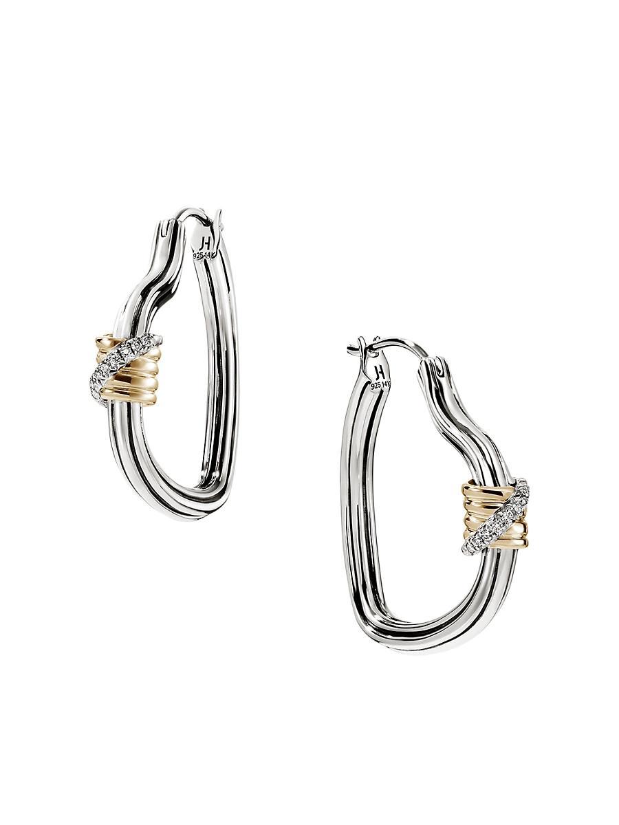 Womens Bamboo Sterling Silver, 14K Yellow Gold & 0.07 TCW Diamond Hoop Earrings Product Image