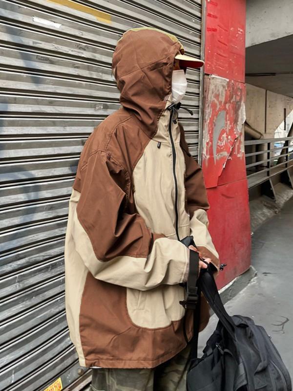 Oversize Embroidery Color Block Zip Up Hooded Jacket Product Image