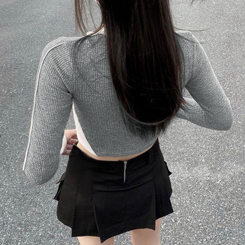 Long Sleeve Stand Collar Half Zip Ribbed Crop Top Product Image