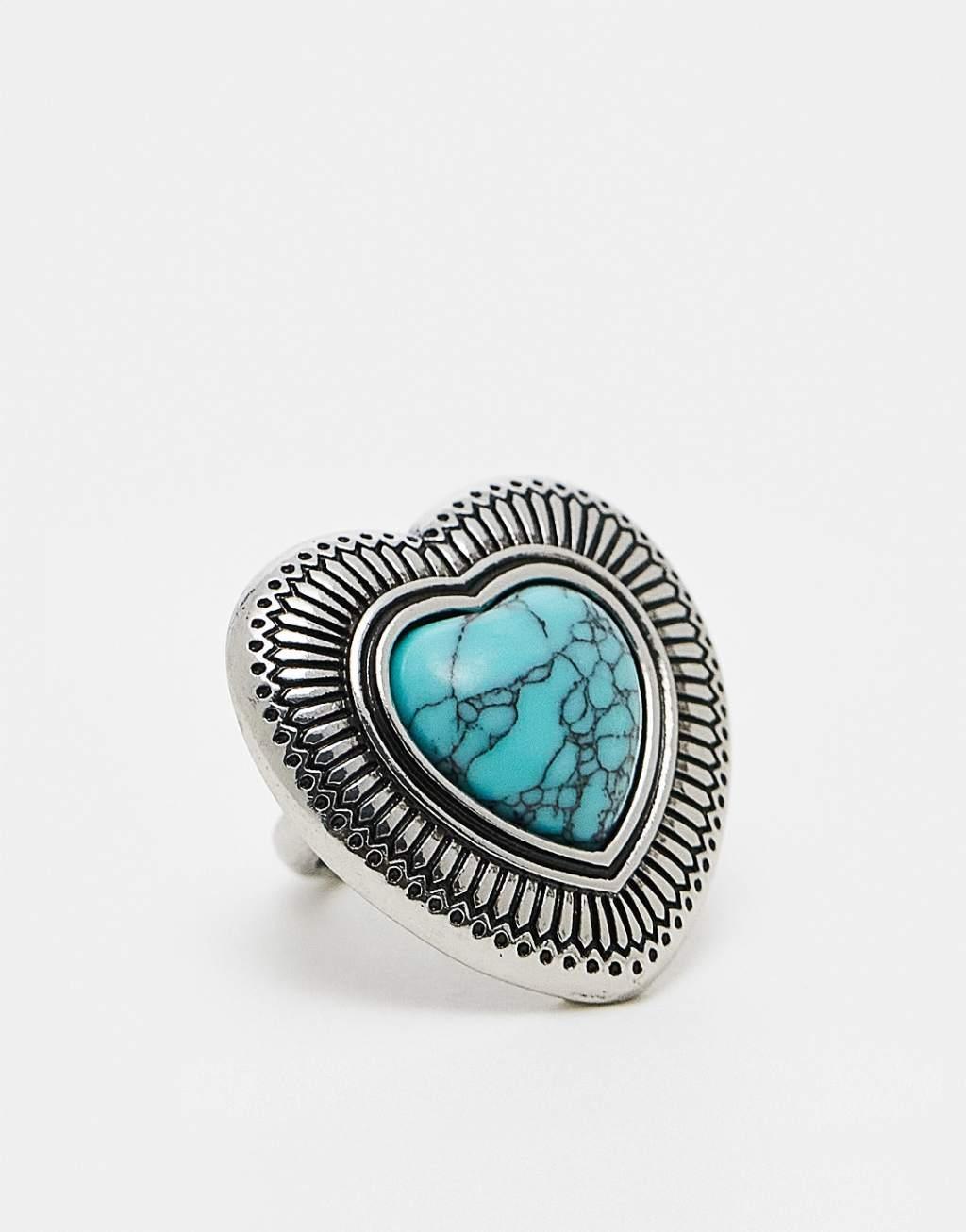 ASOS DESIGN ring with turquoise semi precious style heart stone in silver tone Product Image