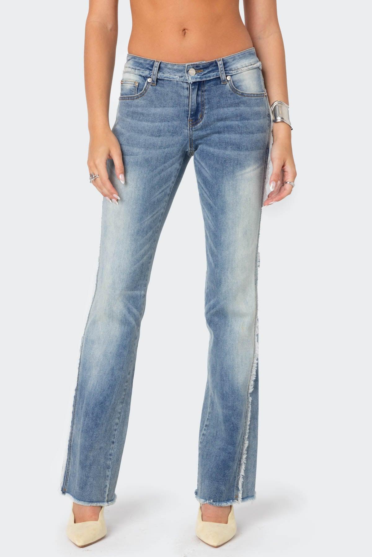 Frayed Seam Washed Low Rise Straight Leg Jeans Product Image