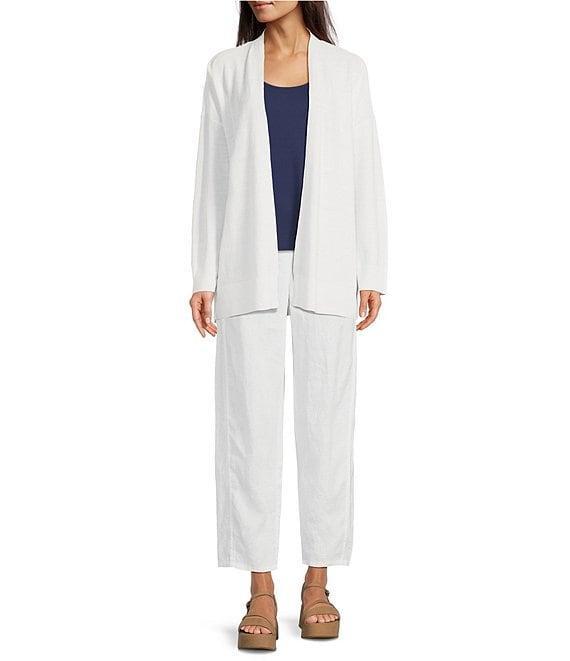 Eileen Fisher Organic Linen Blend Ribbed Trim Open Front Long Sleeve Cardigan Product Image