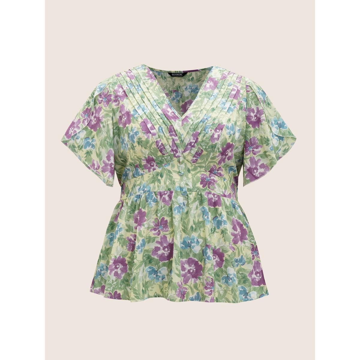 Plus Size Multicolor V Neck Floral Petal Sleeve Pleated Blouse Women Elegant Short sleeve V-neck Everyday Blouses BloomChic 18-20/2X Product Image