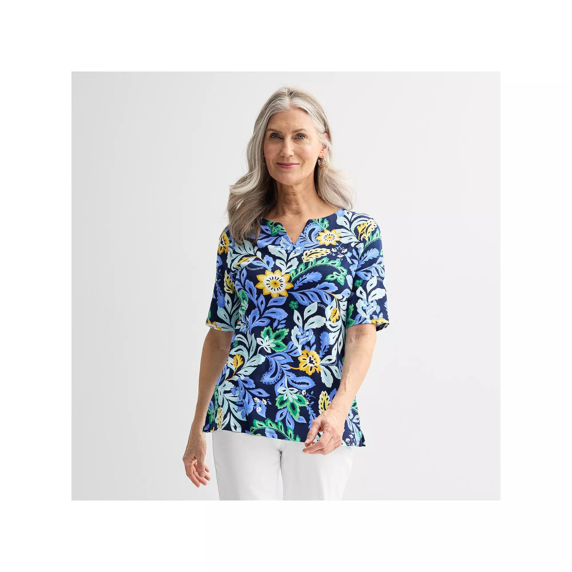 Petite Croft & Barrow® Elbow Sleeve Splitneck Top, Women's,  Product Image