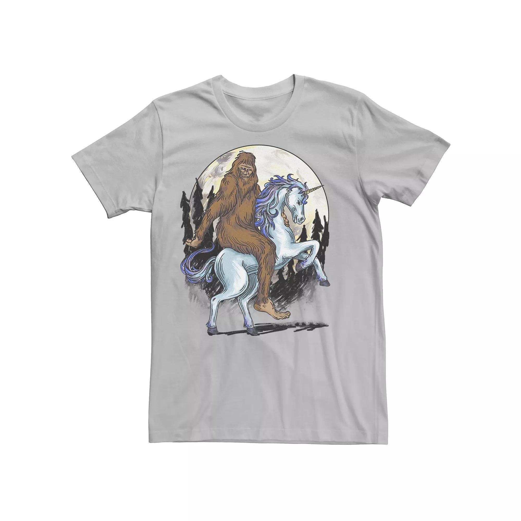 Men's Big Foot On A Unicorn In The Moonlight Drawing Tee, Size: Medium, Silver Product Image