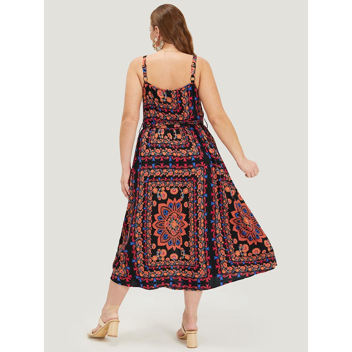 Plus Size Boho Print Belted Split Hem Pocket Cami Dress Black Women Vacation Gathered V-neck Sleeveless Curvy Midi Dress BloomChic 10/M Product Image