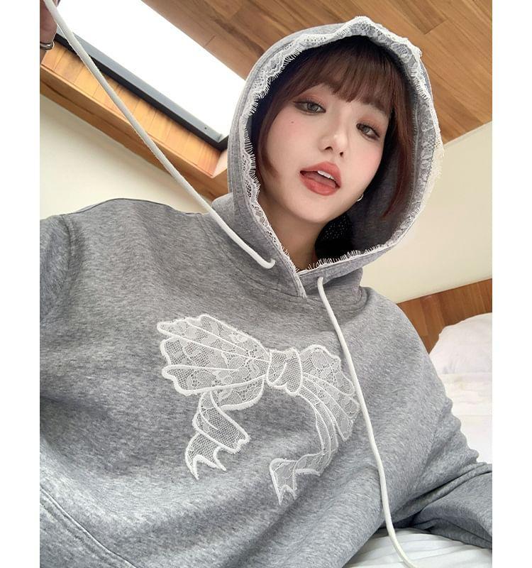 Bow Applique Lace Trim Fleece-Lined Hoodie Product Image