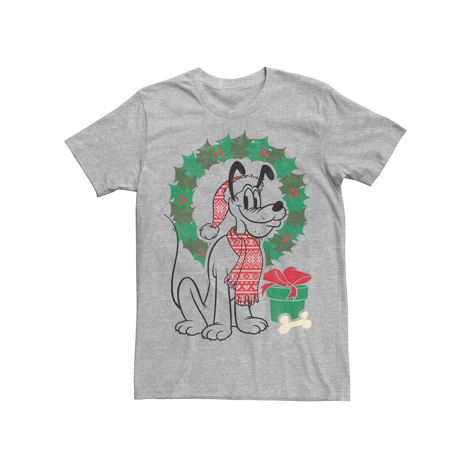 Disney's Pluto Christmas Wreath Portrait Men's Tee, Size: Large, Athletic Grey Product Image