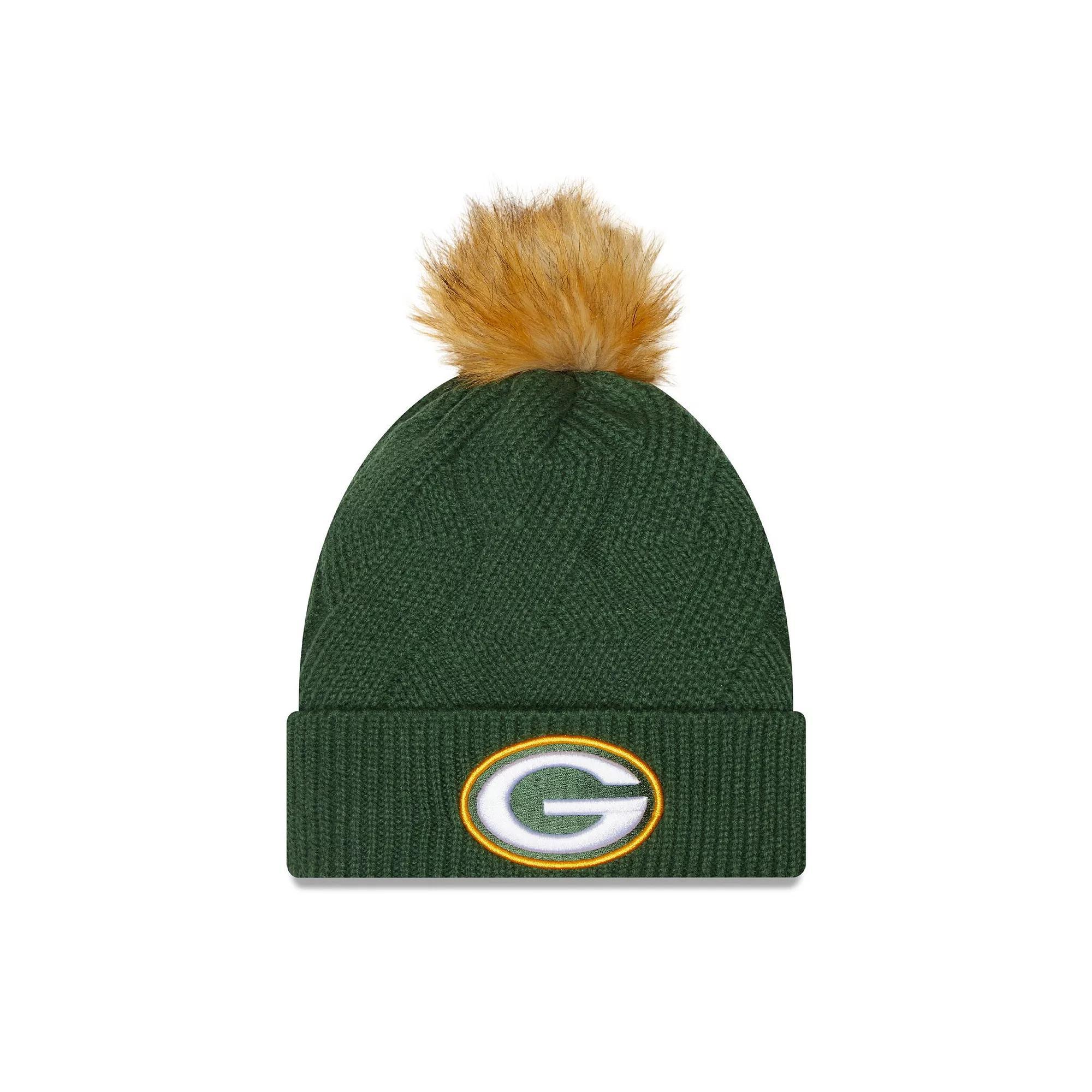 Women's New Era Green Green Bay Packers Snowy Cuffed Knit Hat with Pom Product Image