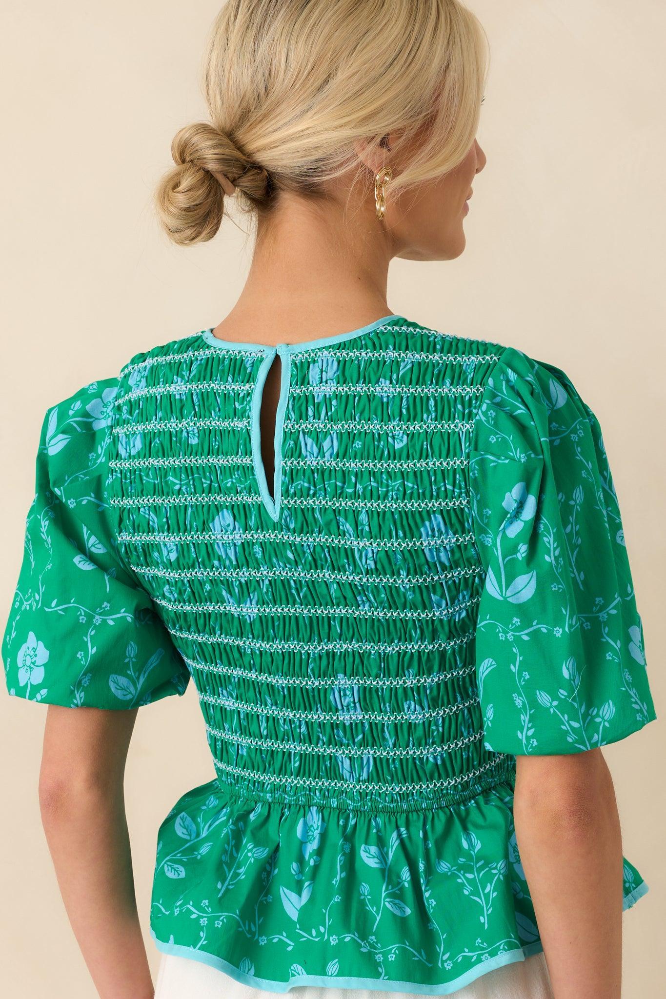 Here And There Kelly Green Floral Print Cotton Peplum Top Product Image