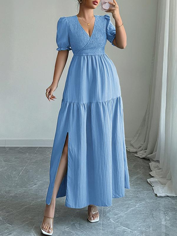 Half Sleeves High Waisted Pleated Solid Color Split-Front V-Neck Maxi Dresses Product Image