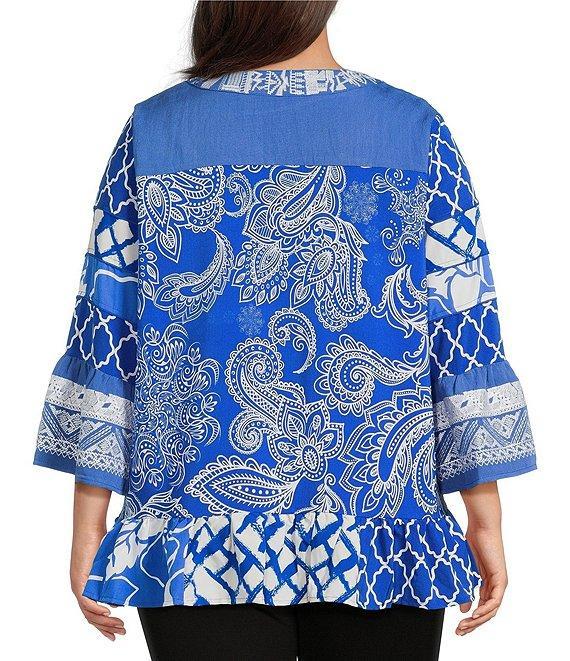 Calessa Plus Size Summer Paisley Split V-Neck Embroidered Tunic Product Image