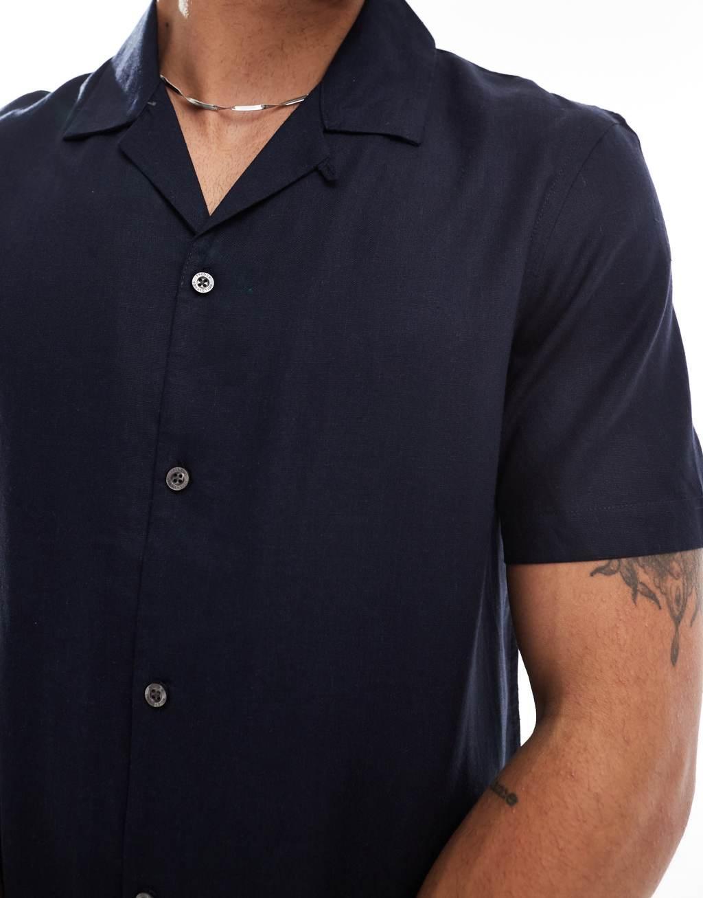 French Connection short sleeve linen revere shirt in navy Product Image