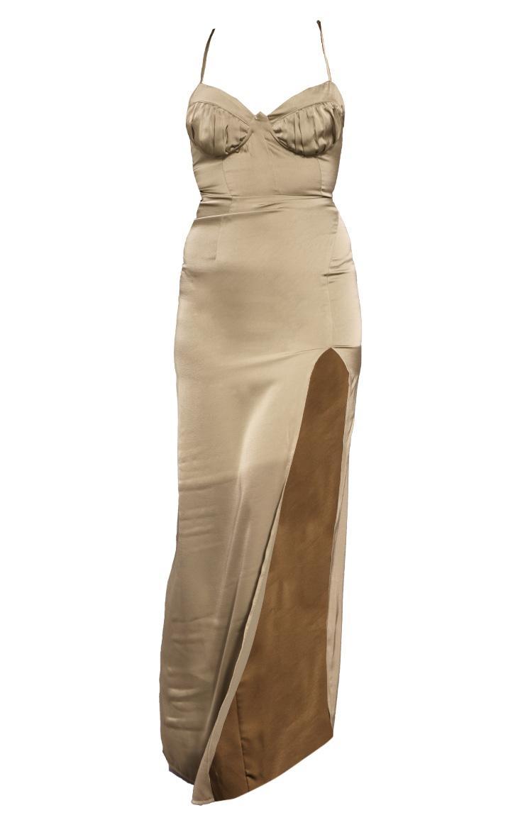 Sage Green Satin Ruched Cup Tie Strap Maxi Dress Product Image