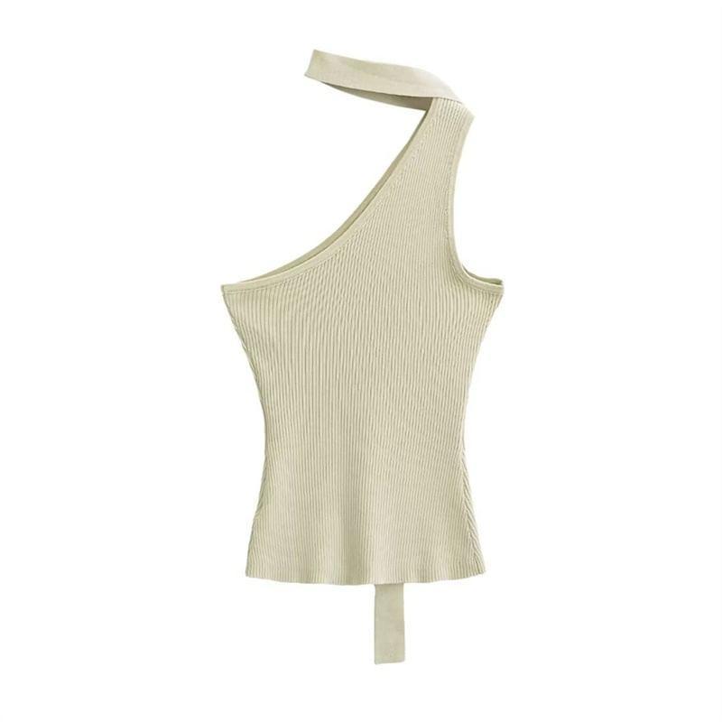 Sleeveless One Shoulder Plain Knit Top Product Image