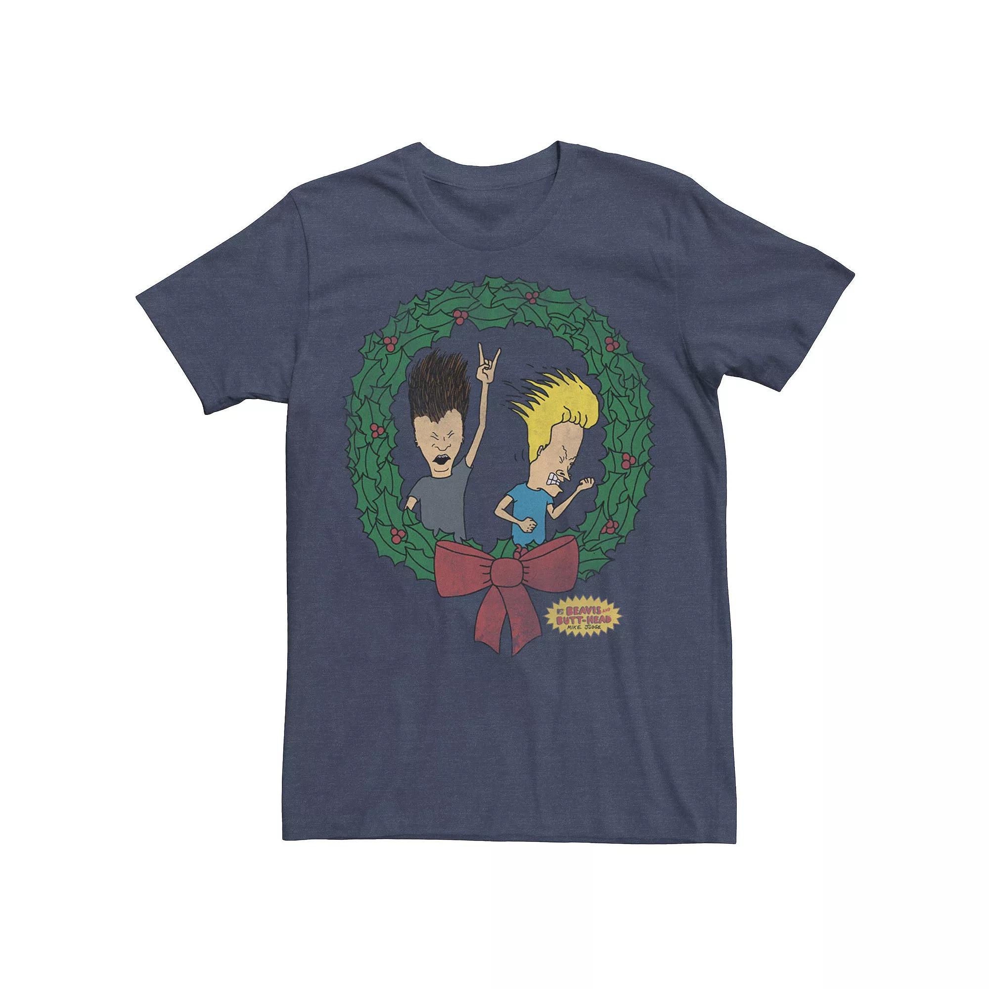 Men's Beavis and Butthead Rock On Christmas Wreath Tee,  Product Image