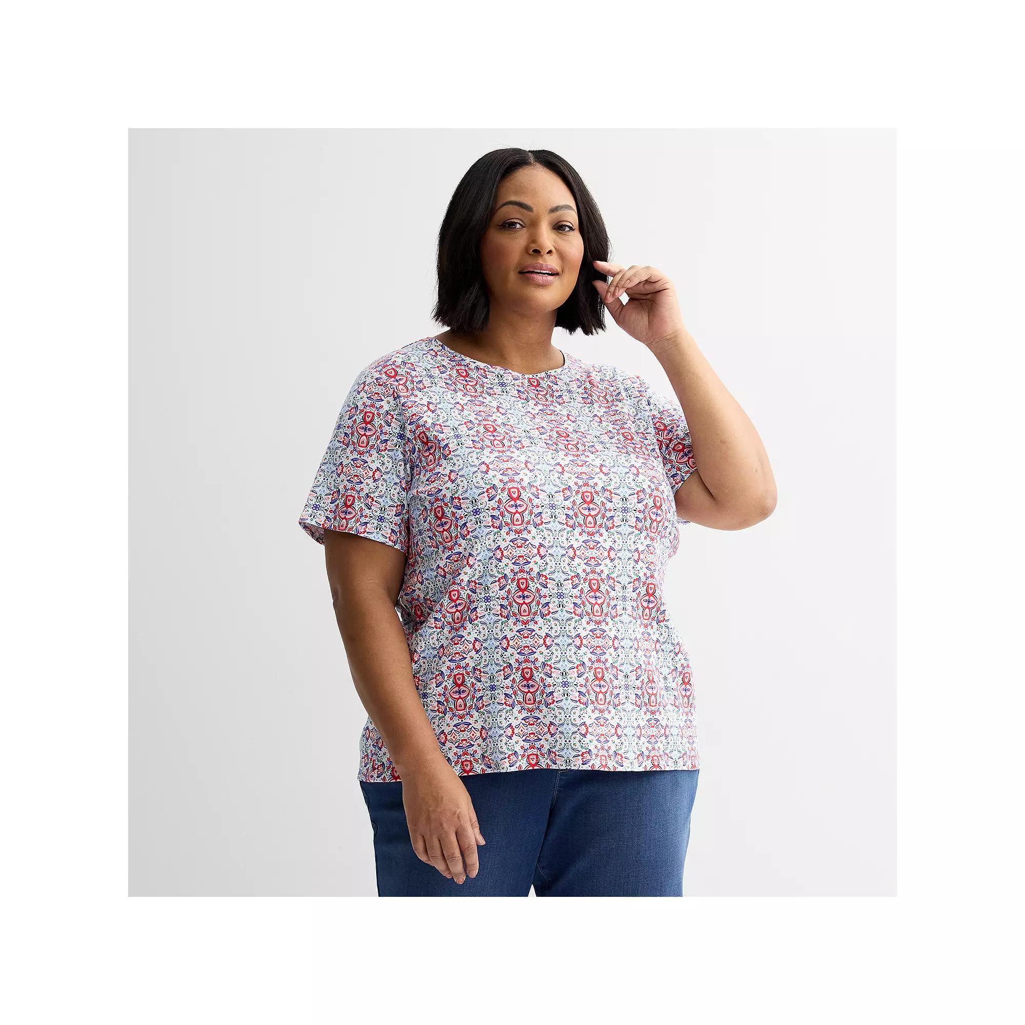 Plus Size Croft & Barrow® Essential Crewneck Top, Women's, Size: 4XL, Red Ornate Tile Product Image
