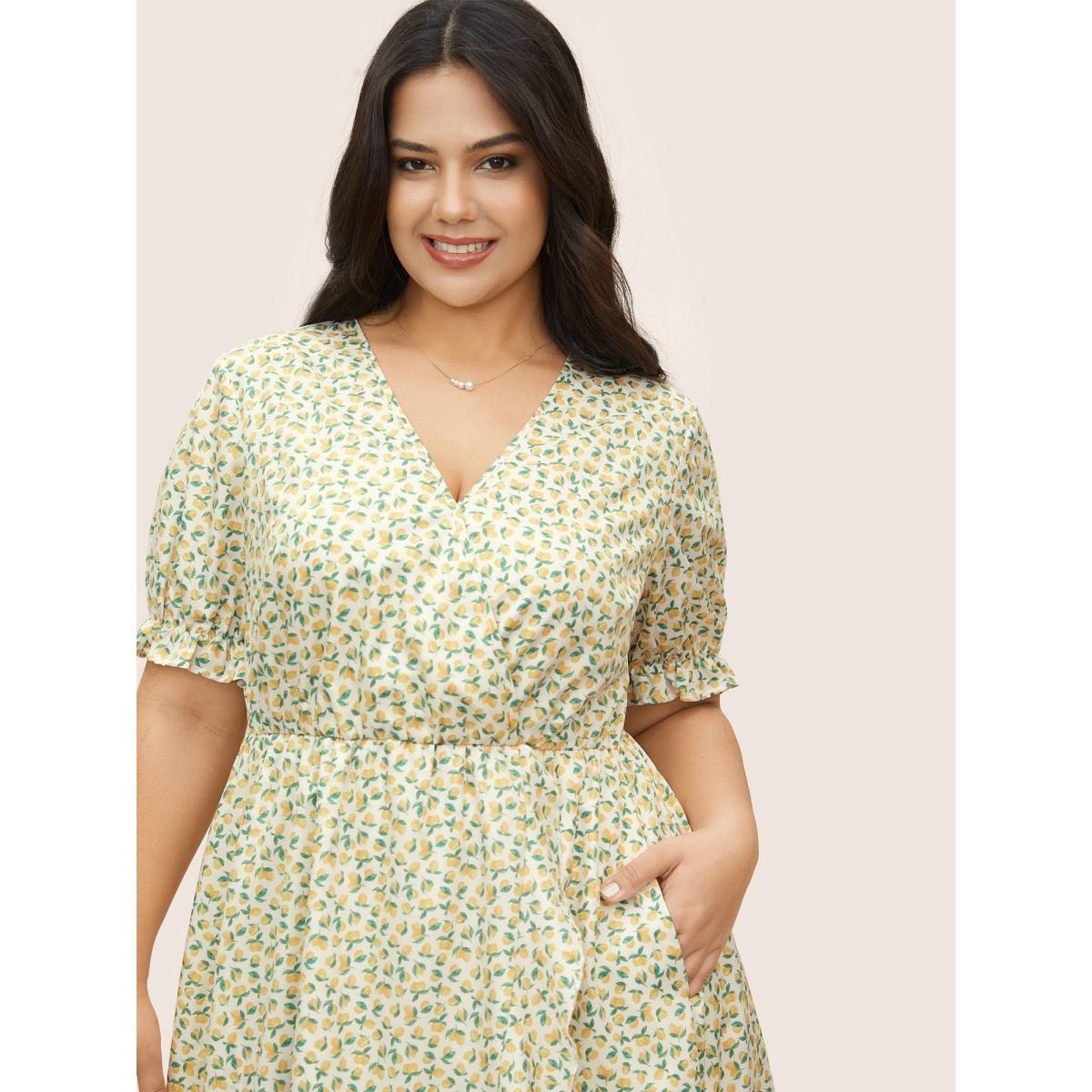 Plus Size Citrus Lemon Print Overlap Collar Lantern Sleeve Dress Yellow Women Elegant Overlapping Overlap Collar Short sleeve Curvy Midi Dress BloomChic 18-20/2X Product Image