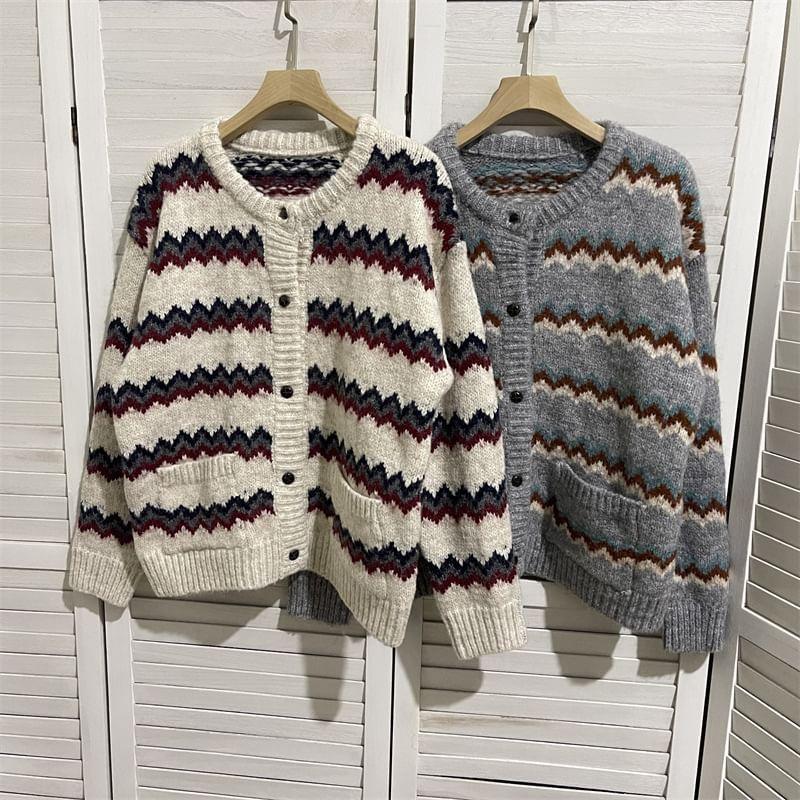 Round Neck Patterned Button Cardigan Product Image