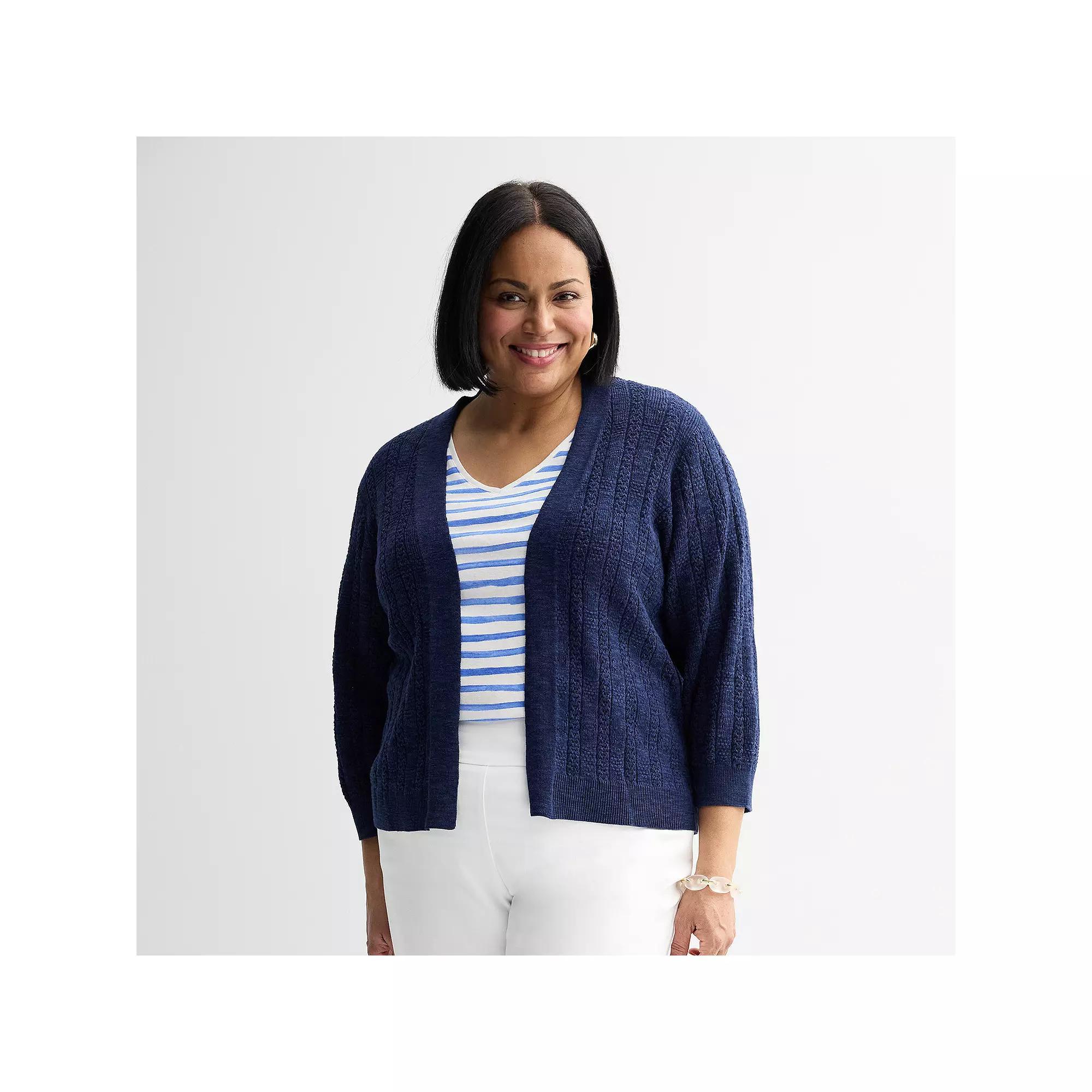 Plus Size Croft & Barrow Pointelle Basket Open Front Cardigan, Womens Blue Product Image