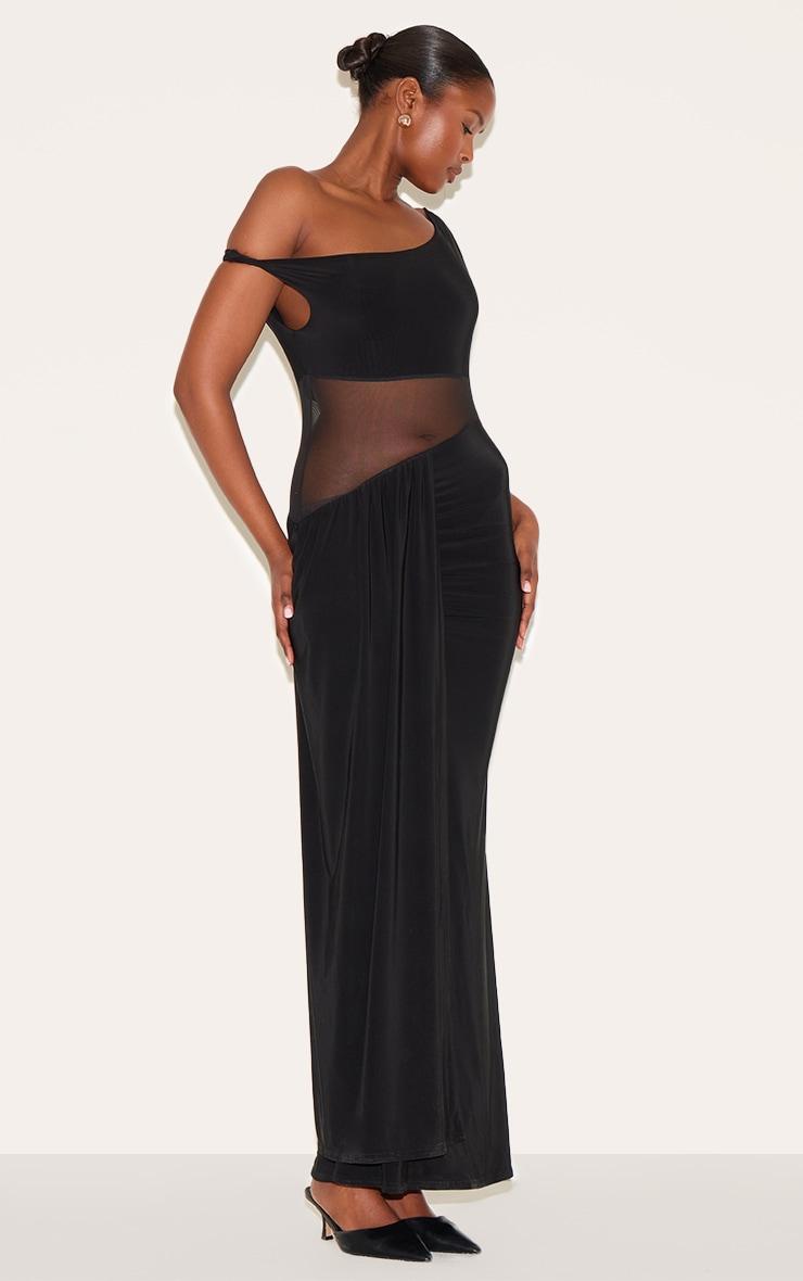 Black Slinky Asymmetric Mesh Cut Out Maxi Dress Product Image