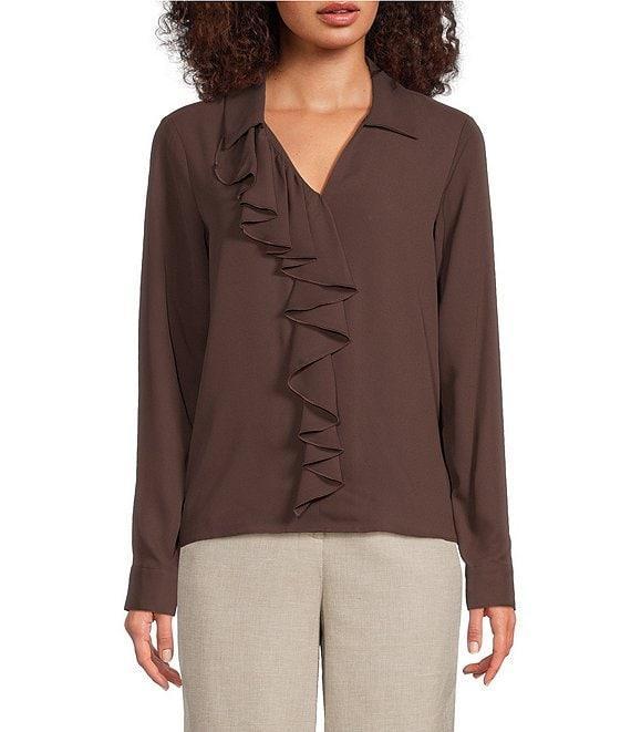 Calvin Klein Georgette Collared V-Neck Long Sleeve Ruffle Front Blouse Product Image
