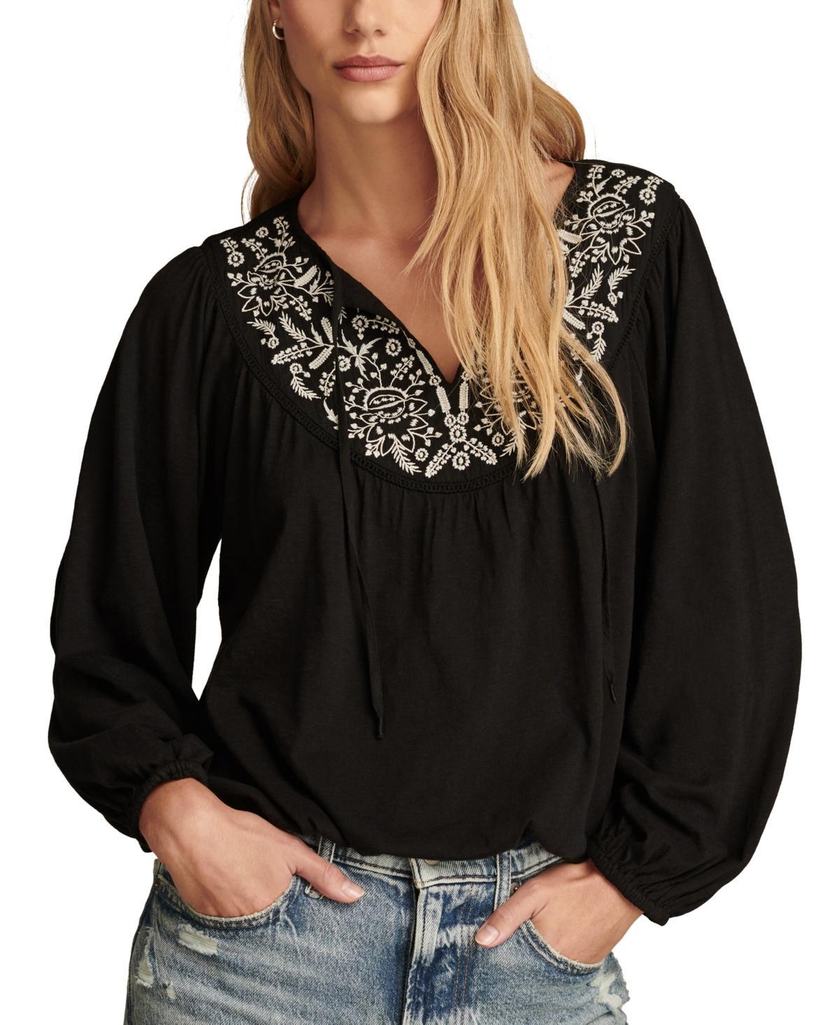 Lucky Brand Womens Cotton Embroidered Peasant Top Product Image