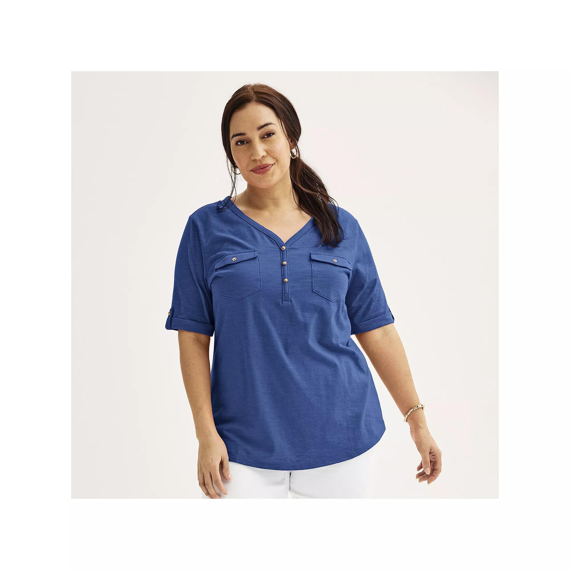 Plus Croft & Barrow® Elbow Sleeve Utility Henley Top, Women's, Size: 0X, Christian Bay Product Image