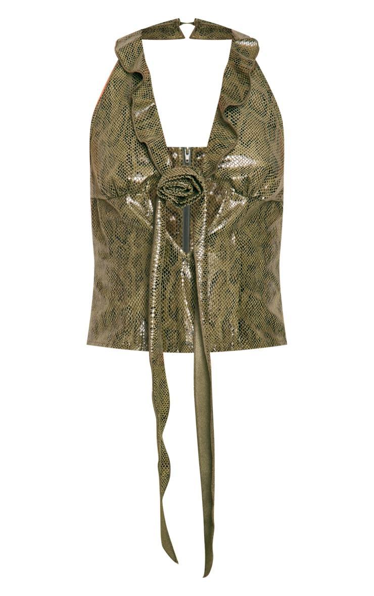 Khaki Snake Faux Suede PU Floral Applique Detail Halter Longline Top Product Image