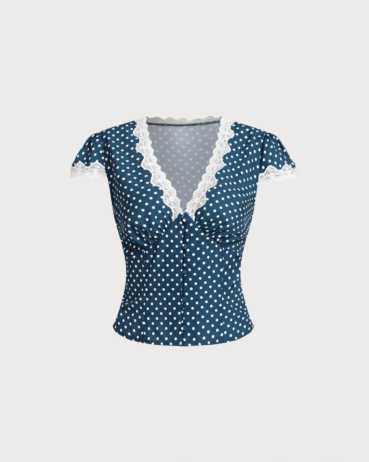 Blue Polka Dot Lace Trim Blouse Product Image