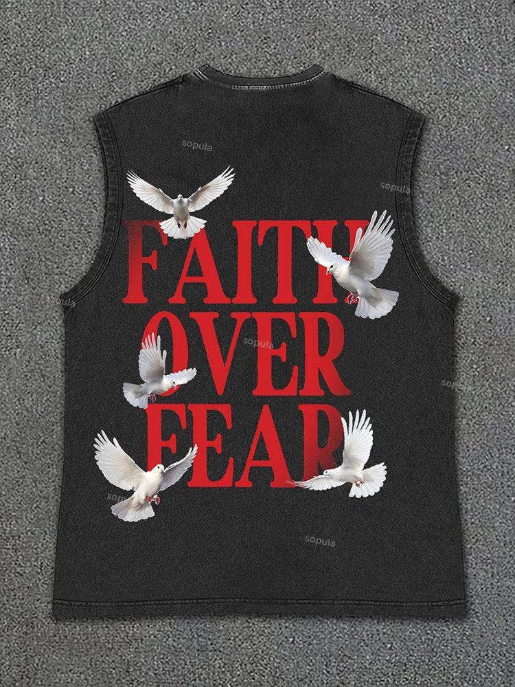 Sopula Men's Vintage Faith Over Fear Print Vintage Wash Sleeveless Tank Top Product Image