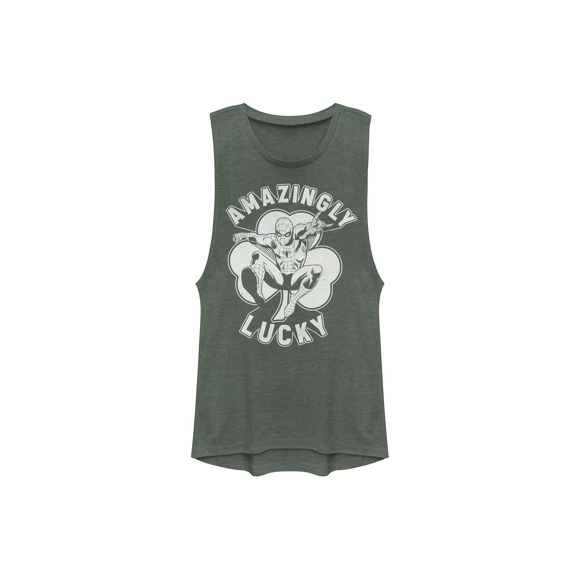 Juniors Marvel St. Pattys Amazingly Lucky Spider-Man Muscle Tank Top, Girls Pine Grey Product Image