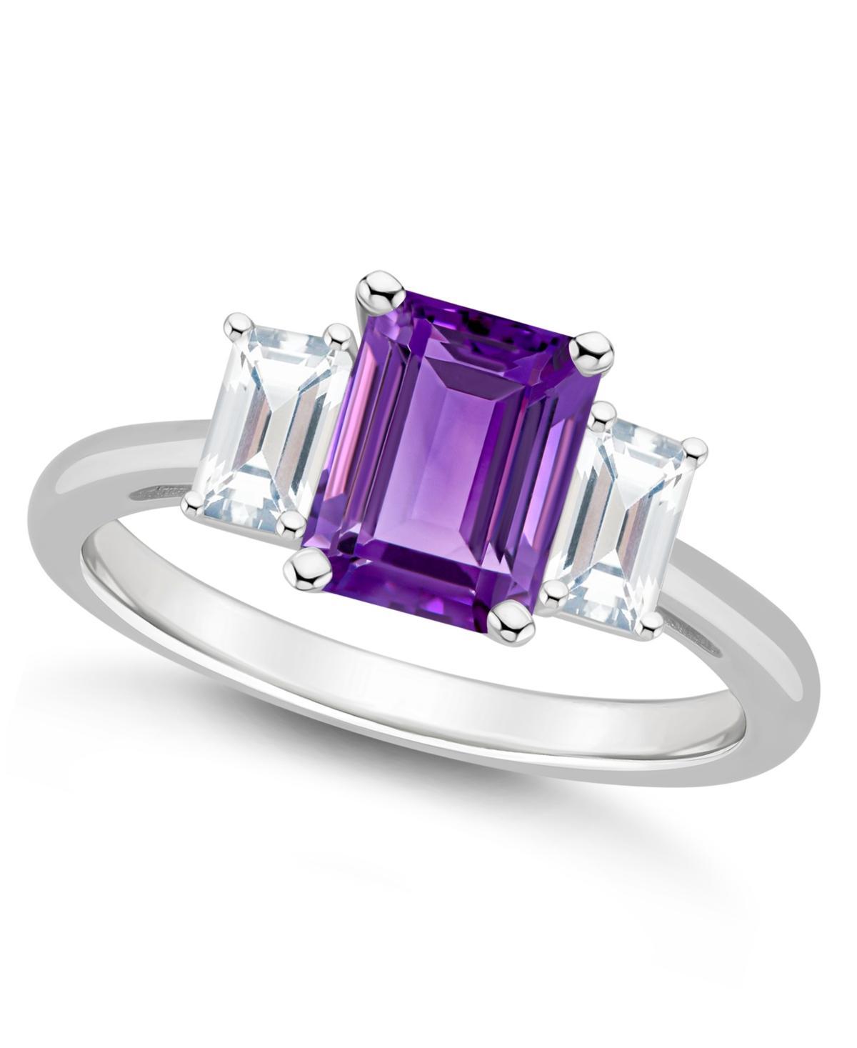 Alyson Layne Sterling Silver 8 mm x 6 mm Emerald Cut Gemstone & White Topaz Three-Stone Ring, Womens Purple Product Image