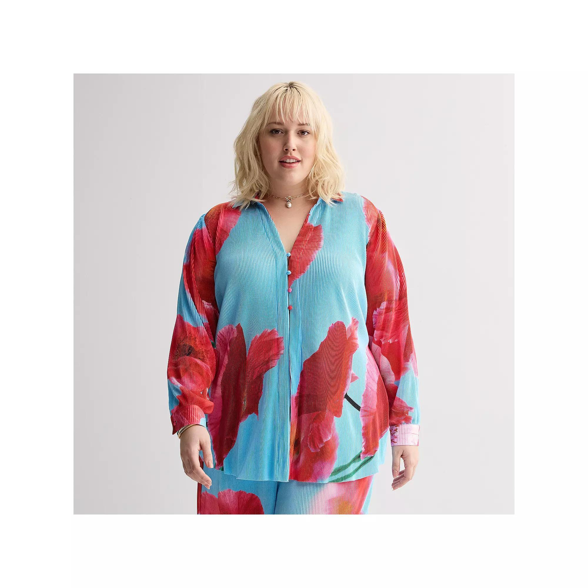 Plus Size INTEMPO™ Plisse Print Button Front Top, Women's, Size: 0X, Poppy Product Image